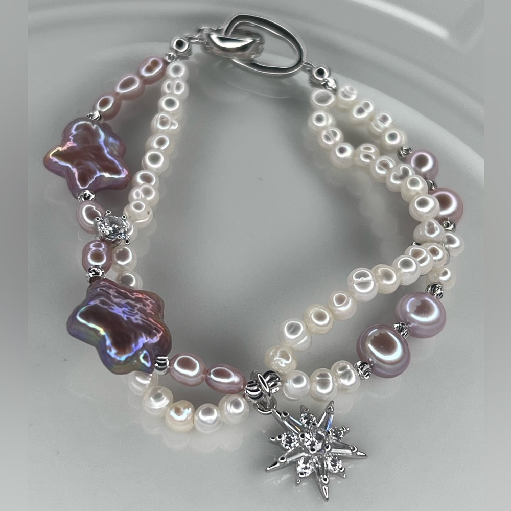 SOLD❌Handmade Freshwater Pearl Purple White Star ⭐️ Bracelet - Picture 2 of 3